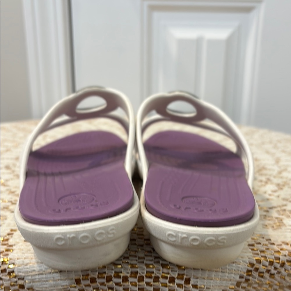 CROCS White Strap Sandals with Purple Footbed - Picture 3 of 8